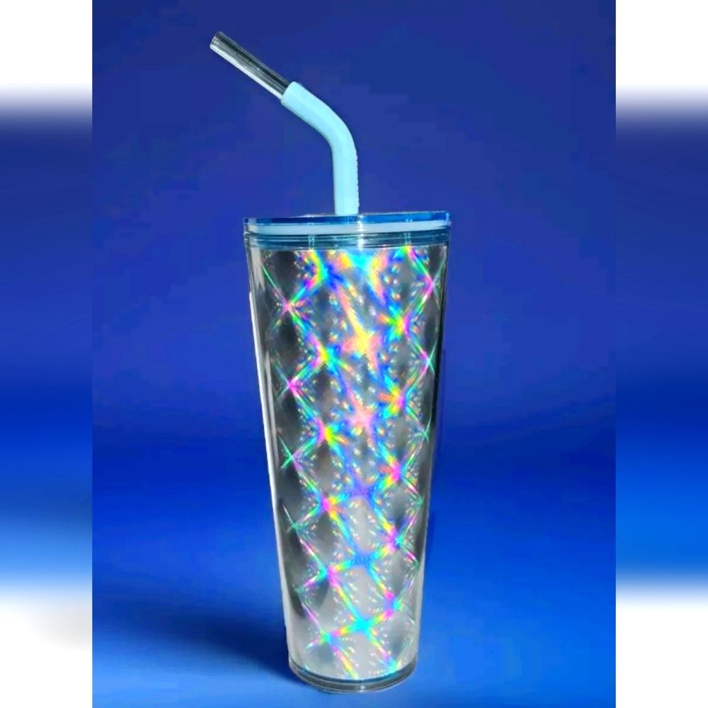 NWT Starbucks 2024 Silver Metallic Holographic Star Checkered Slant Straw Cup